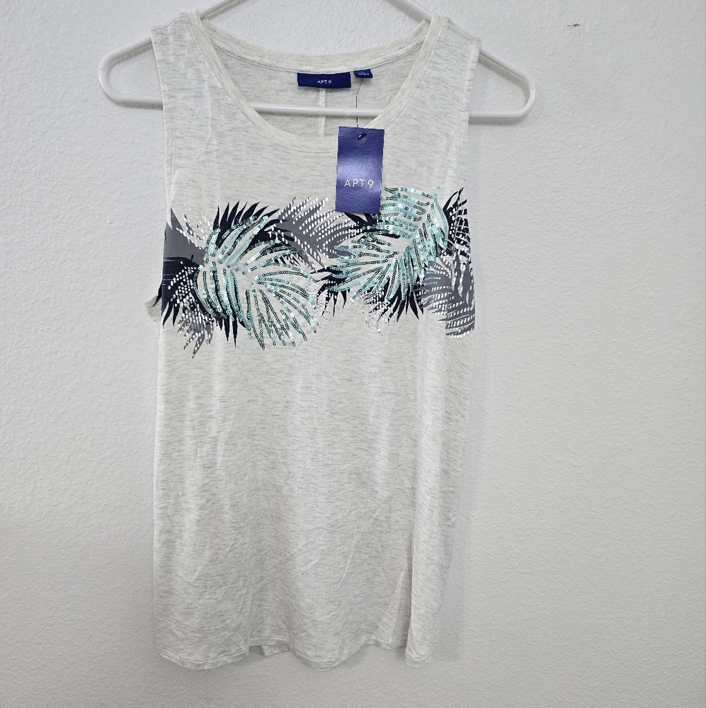 Apt. 9 White Tank Top with Blue and Green Leaf Design